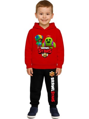 Sedirli Brawl Stars Baskılı Çocuk Eşofman Takımı 3 Iplik Şardonlu Pamuklu Kumaş Kapüşonlu