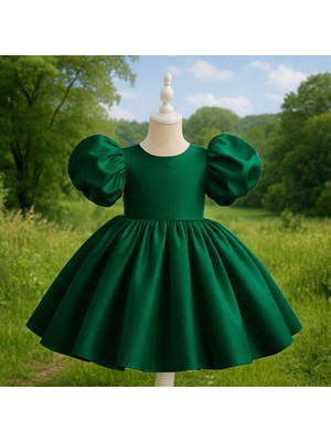 Musgem Özel Tasarım Zümrüt Yeşili Renk Balon Kol Fiyonk Detaylı Kız Çocuk Abiye Elbise