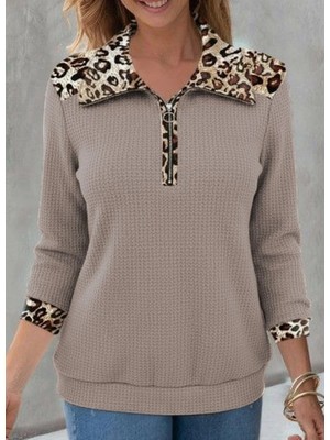 Çamaşır Kenti Kadın Uzun Kollu Leopar Yakalı Fermuarlı Waffle Bluz
