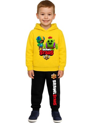 Sedirli Brawl Stars Baskılı Çocuk Eşofman Takımı 3 Iplik Şardonlu Pamuklu Kumaş Kapüşonlu