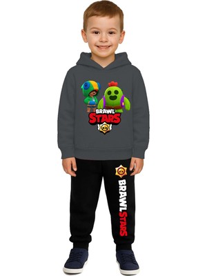 Sedirli Brawl Stars Baskılı Çocuk Eşofman Takımı 3 Iplik Şardonlu Pamuklu Kumaş Kapüşonlu