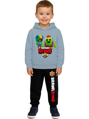 Sedirli Brawl Stars Baskılı Çocuk Eşofman Takımı 3 Iplik Şardonlu Pamuklu Kumaş Kapüşonlu