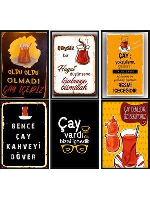 Exin Retro Tarz Çay Temalı Dekoratif Poster Seti – 6’lı Mdf Uv Baskı Kahve & Mutfak Duvar Süsü