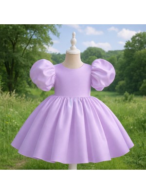 Musgem Özel Tasarım Lila Renk Balon Kol Fiyonk Detaylı Kız Çocuk Abiye Elbise