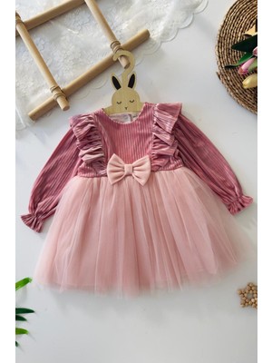 Miniğimin Cicileri Fırfır Detaylı Fiyonklu Kadife Üstlü Tül Etek Kız Çocuk Elbise - Pudra