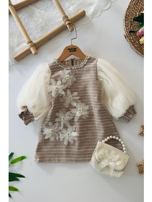 Miniğimin Cicileri Inci Yaka Detaylı Çiçek Aplikeli Tüllü Kollu Kız Çocuk Elbise - Kahverengi
