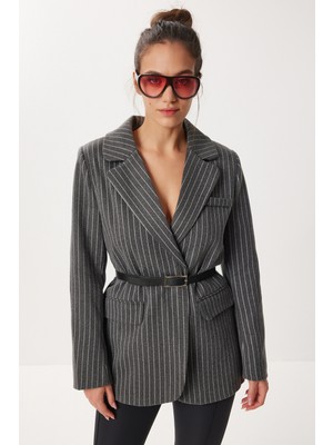 Happiness İstanbul Kemerli Çizgili Kaşe Blazer Ceket LFN0144 Antrasit