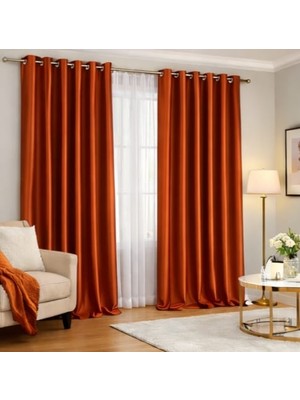 Taç Kiremit Rengi Lüks Termal %100 Işık Geçirmez Kornişli Blackout Karartma Saten Perde