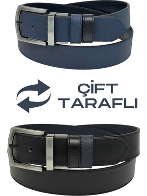 Süzer Deri 4 Cm. Çift Taraflı Spor Model Suni Deri Unisex Kot Kemer Lacivert/siyah