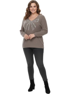 Lavella Kadın V Yaka Inci Modelli Sakallı Triko Kazak BGL-ST05078