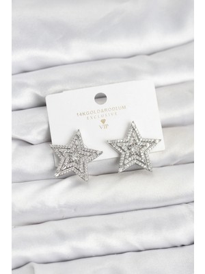 Marsilyan Gümüş Renk Pirinç Zirkon Taşlı Yıldız Model Kadın Küpe - TJ-BKP11513