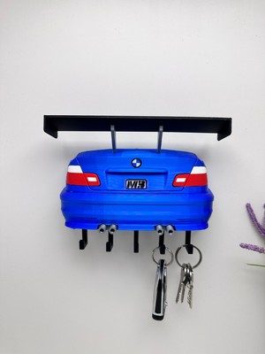 3dpazarıcom 3D Baskı Dekoratif Bmw E46 Arka Model Tasarımlı Mavi Renk Anahtar Askılığı
