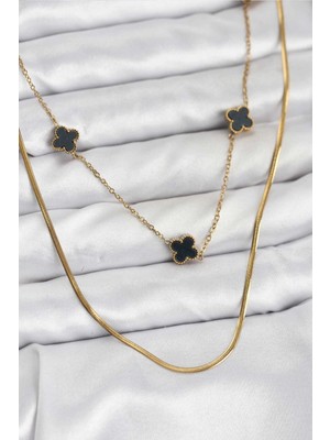 Marsilyan 316L Çelik Zincir Gold Renk Italyan Zincirli Siyah Yonca Model Kadın Kolye - TJ-BKO10782