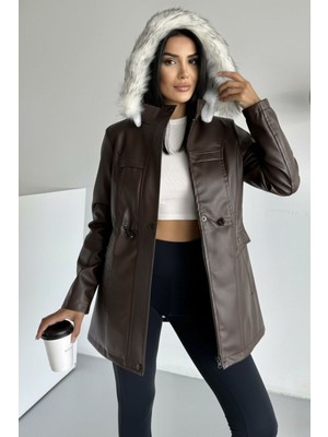 Hiramir Kapüşonlu Deri Içi Kürklü Cep Üstü Detaylı Mont Bej KS2509