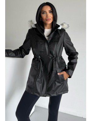 Hiramir Kapüşonlu Deri Içi Kürklü Cep Üstü Detaylı Mont Bej KS2509