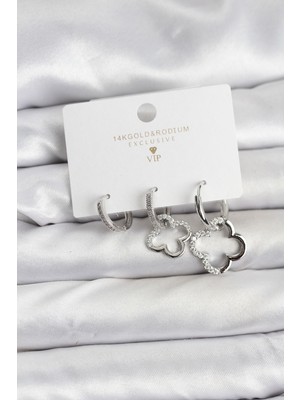 ForWhat Zarif Kulaklar Için Silver Pirinç Yonca Stil Üçlü Kadın Küpe Seti