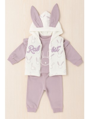 Selvira %100 Pamuklu 3’lü Bebek Takım | Nakışlı Sweat, Pantolon ve Kapüşonlu Yelek