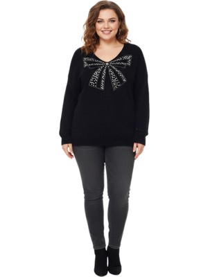 Lavella Kadın V Yaka Inci Modelli Sakallı Triko Kazak BGL-ST05078