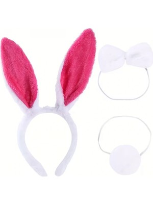 Marsilyan Fuşya Pembe Tavşan Kulak Papyon Kuyruk 3'lü Parti Seti