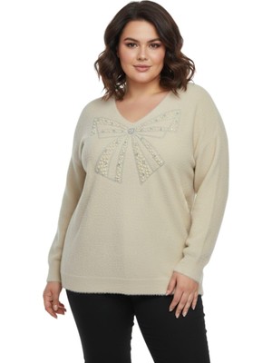 Lavella Kadın V Yaka Inci Modelli Sakallı Triko Kazak BGL-ST05078