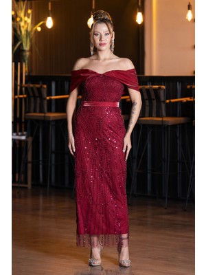 Abiyefon Saten Kayık Yaka Midi Boncuklu Abiye Elbise ABK2453