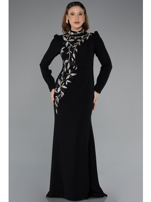 Abiyefon Dik Yaka Uzun Kol Taşlı Tesettür Abiye ABU5393