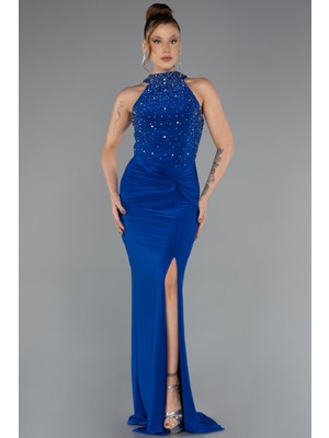 Abiyefon Taşlı Halter Yaka Yırtmaçlı Uzun Abiye ABU5422