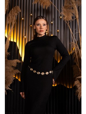 Abiyefon Uzun Kol Dik Yaka Kemerli Midi Gece Elbisesi ABK2485