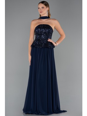 Abiyefon Pullu Straplez Peplum Kesim Uzun Şifon Abiye ABU5488