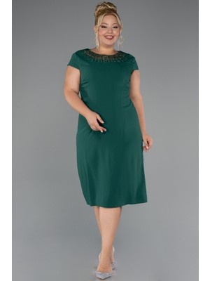 Abiyefon Yakası Taşlı Kısa Kol Midi Büyük Beden Abiye ABK2445