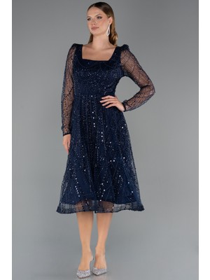 Abiyefon Uzun Kol Kare Yaka Midi Boncuklu Abiye Elbise ABK2469