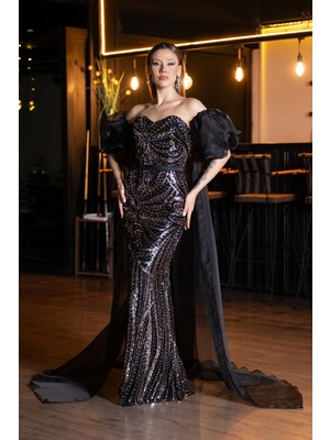 Abiyefon Straplez Pelerin Detaylı Boncuklu Uzun Abiye ABU5537