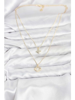 ForWhat Zarif Boyunlar  Için Golden Pirinç Yonca Model 2'li Kadın Kolye