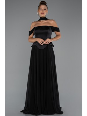 Abiyefon Kayık Yaka Saten Peplum Kesim Uzun Şifon Abiye ABU5327