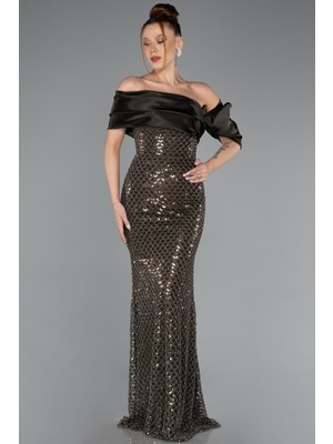 Abiyefon Saten Yaka Uzun Boncuklu Abiye Elbise ABU5434