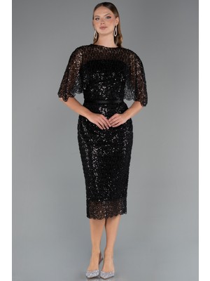 Abiyefon Straplez Pelerin Detay Midi Boncuklu Abiye ABK2470