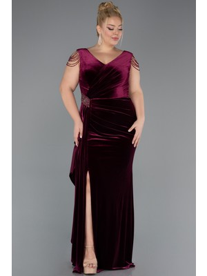 Abiyefon V Yaka Yırtmaçlı Uzun Kadife Büyük Beden Abiye ABU5428