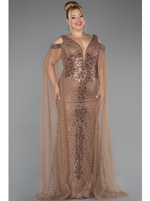 Abiyefon Pelerin Kol Taşlı Uzun Büyük Beden Abiye ABU5498