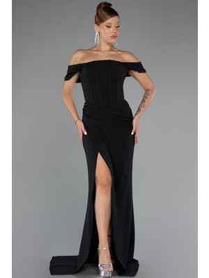 Abiyefon Kayık Yaka Balenli Bacak Dekolteli Uzun Abiye ABU5350