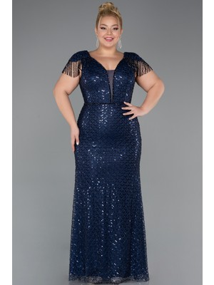 Abiyefon Boncuklu Kısa Kol V Yaka Uzun Büyük Beden Abiye ABU5367