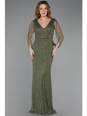 Abiyefon Pelerin Kollu Taşlı V Yaka Uzun Abiye Elbise ABU5475