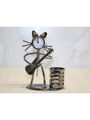 Kaia Metal Gitar Çalan Müzisyen Kedi Saat ve Kalemlik