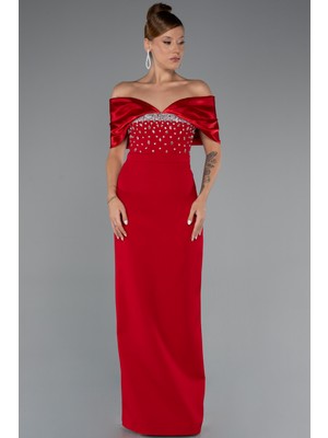 Abiyefon Kayık Yaka Göğsü Taşlı Uzun Abiye Elbise ABU5352