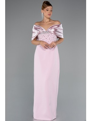 Abiyefon Kayık Yaka Göğsü Taşlı Uzun Abiye Elbise ABU5352