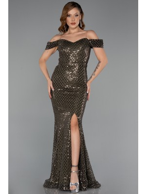 Abiyefon Kayık Yaka Yırtmaçlı Uzun Boncuklu Abiye ABU5401