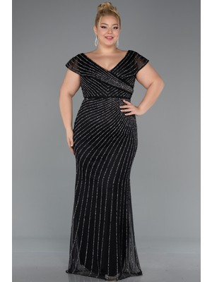 Abiyefon Kayık Yaka Uzun Taşlı Büyük Beden Abiye Elbise ABU5439