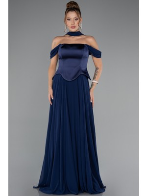 Abiyefon Kayık Yaka Saten Peplum Kesim Uzun Şifon Abiye ABU5327