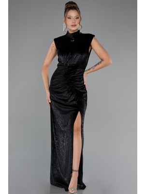 Abiyefon Dik Yaka Kolsuz Yırtmaçlı Uzun Kadife Abiye Elbise ABU5373