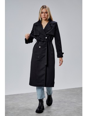 Bolivente Siyah Regular Kalıp Rüzgarlık Detaylı Trençkot 46636