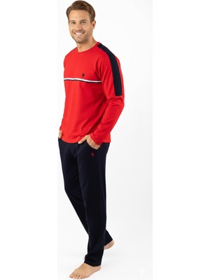 Erkek Pamuklu Pijama Takımı Kırmızı Renk Uzun Kollu Rahat Kalıp Esnek Kumaş C2T1N05